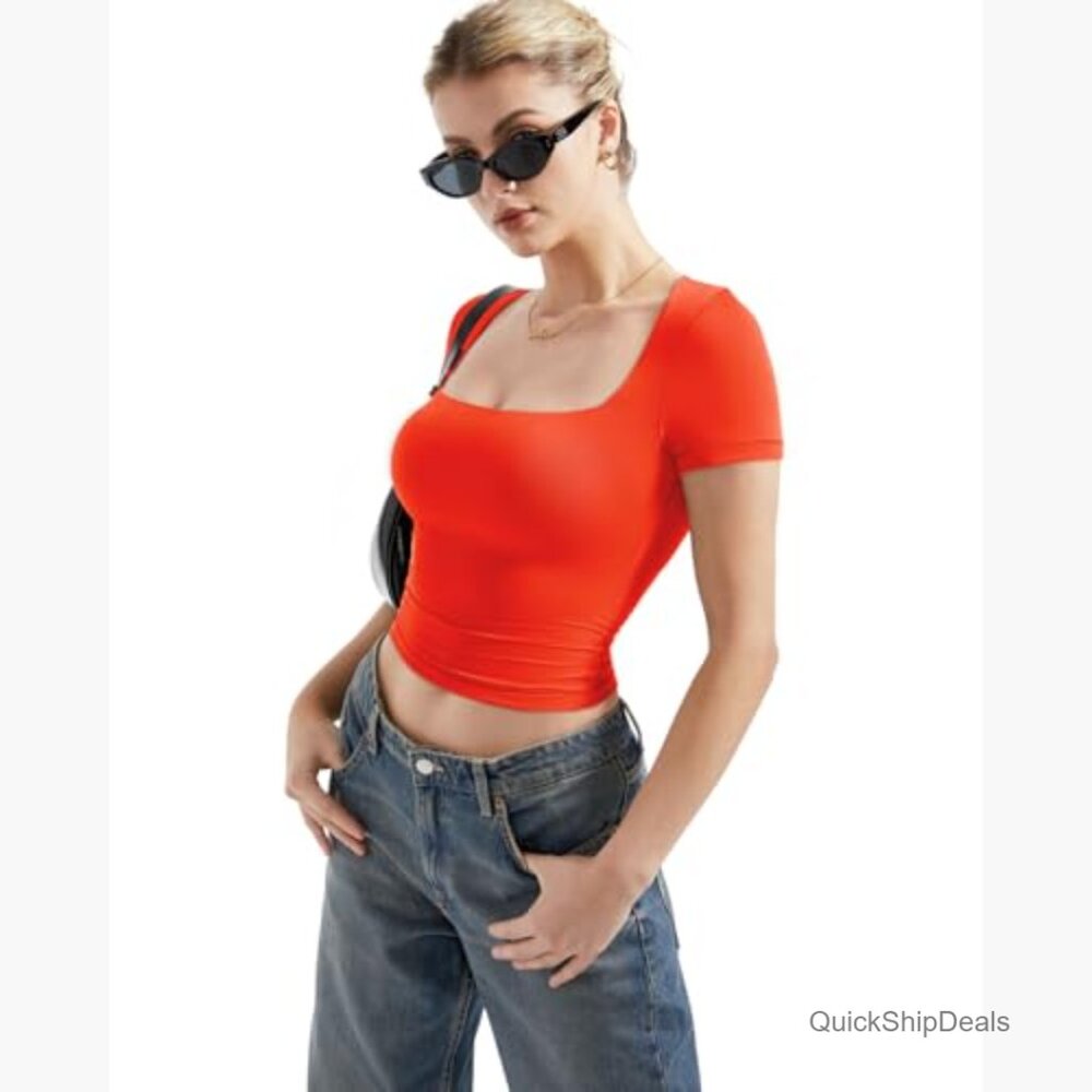 Double Lined Fitted Basic Tee Square Neck Short S… - image 2